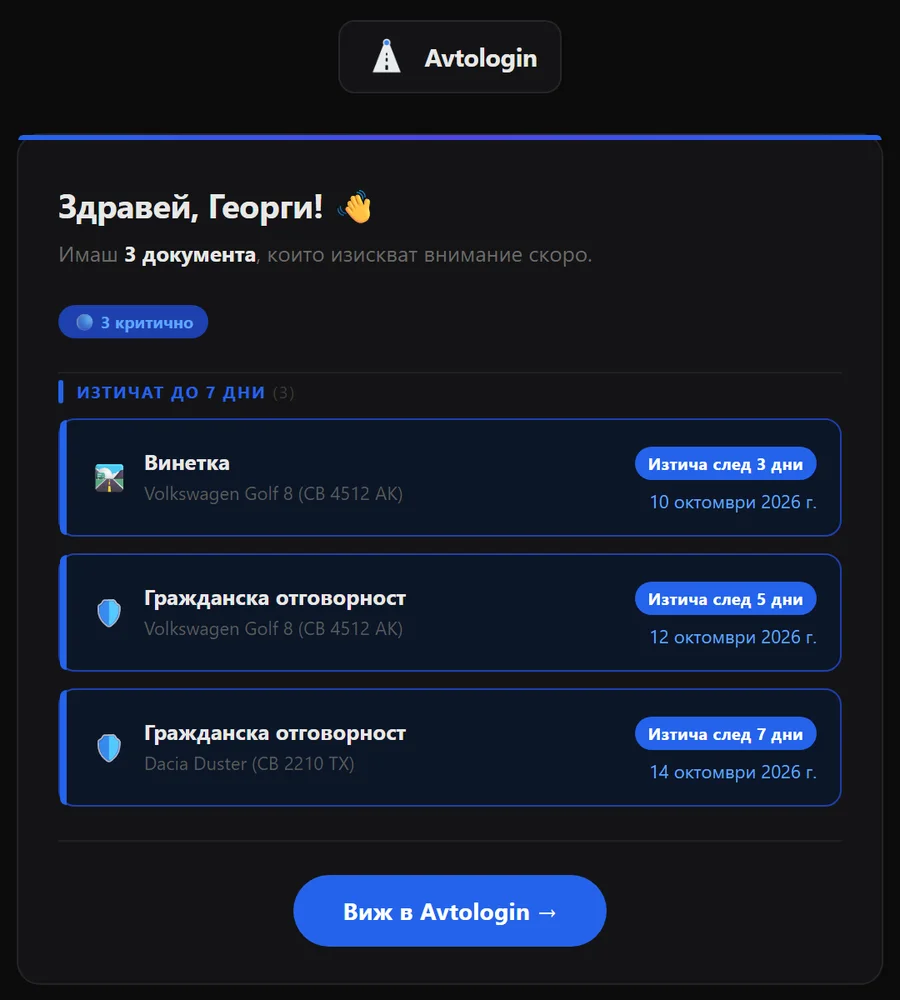 Имейл напомняне от Avtologin за три изтичащи документа